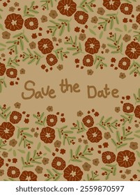 Red flowers and leaves patterns on beige background with lettering “save the date” for wedding invitations, invitation, print, wallpaper, social media post, doodle, notes, book covers, wall decor.