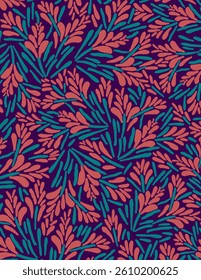 Red flowers and leaves patterns on purple background for web banner, branding package, fabric print, wallpaper, social media post, doodle, notes, book covers, wall decor.