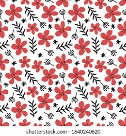 Red flowers and leaves seamless pattern. Floral texture. Vector illustration.