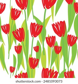 Red flowers with leaves seamless pattern illustration. Floral doodle background.