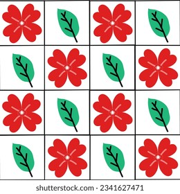 Las flores y hojas rojas están en una rejilla cuadrada, diseñadas para el fondo o sin costura. tela, cortina, fondo, alfombra, papel pintado, ropa, envoltura,ilustración vectorial