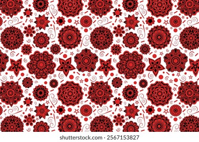 Red flowers mandala abstract seamless repeat pattern