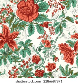 Red Flowers Modern Art Future Abstract and artistic green leaves on background. Seamless. Vector pattern
