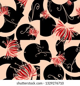 red flowers on a background with abstract figures of light pink and black colore