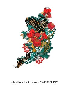 Red flowers on a background of leopard skins with ropes and fringe laces. Vector Illustration. Flower composition elements for design.