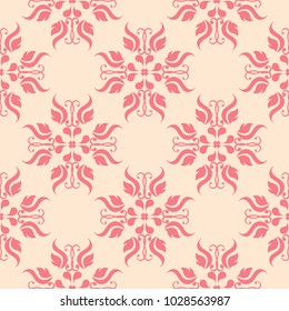 Red flowers on beige background. Ornamental seamless pattern for textile and wallpapers