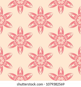 Red flowers on beige background. Ornamental seamless pattern for textile and wallpapers