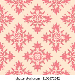 Red flowers on beige background. Ornamental seamless pattern for textile and wallpapers