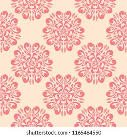 Red flowers on beige background. Ornamental seamless pattern for textile and wallpapers