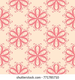 Red flowers on beige background. Ornamental seamless pattern for textile and wallpapers