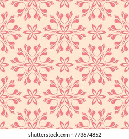 Red flowers on beige background. Ornamental seamless pattern for textile and wallpapers