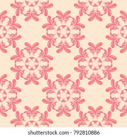 Red flowers on beige background. Ornamental seamless pattern for textile and wallpapers