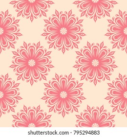 Red flowers on beige background. Ornamental seamless pattern for textile and wallpapers