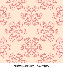 Red flowers on beige background. Ornamental seamless pattern for textile and wallpapers