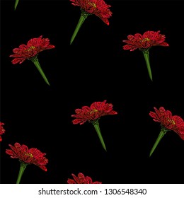 Red flowers on black background seamless silhouette