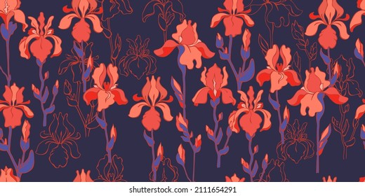 Red flowers on blue background. Seamless pattern with irises. Vector.