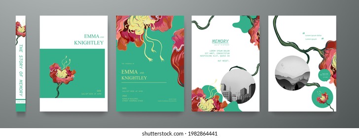 Red flowers on cover book presentation flyers and poster layout, floral wedding invitation card and photobook template design vector set.