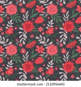 Red flowers on dark background seamless pattern
