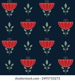 Red flowers on a dark background. Vector seamless pattern