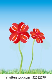 Red flowers on a grass. Vector illustration.