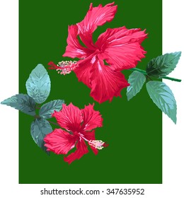 Red flowers on a green background, realistic hand-painted floral pattern, Christmas pattern, vector, ESP.8