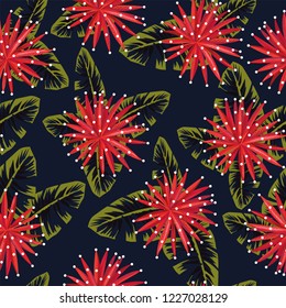 Red flowers on the night jungle background seamless pattern