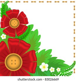 red flowers on textile stitched white background