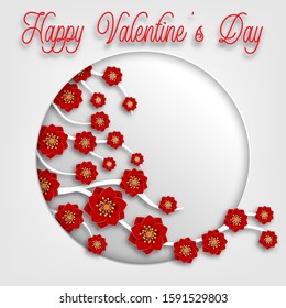 Red flowers on white background for happy valentine's day greeting card, poster, banner, paper cutout art style. Vector illustration paper cut