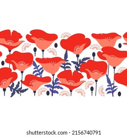 Red flowers on white background. Seamless pattern with poppies. Vector.