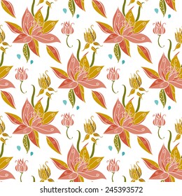 Red flowers on white background. Vector seamless pattern