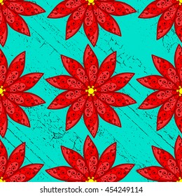 Red flowers pattern on blue roughness background. Vector illustration.