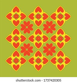 Red flowers pattern on sap green background in square shape 