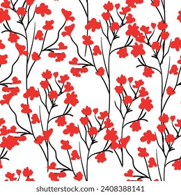 Red Flowers Pattern Seamless, background, ornament vector, hand drawn floral pattern.