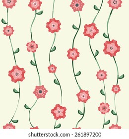 Red flowers pattern with stalk and leaves