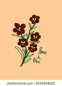 Rote Blumen Muster minimal auf pfirsichfarbenem Hintergrund mit Schriftzug "Peace and Love" für Branding, Stoffdruck, Tapete, Social Media Post, Doodle, Notizen, Buchumschläge, Wanddekor.