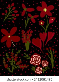 Rote Blumenmuster auf schwarzem Hintergrund für Geschäftsvorführungen, Branding-Paket, Stoffdruck, Tapete, Social-Media-Post, Doodle, Noten, Buchumschläge, Wanddekor.