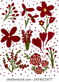 Flores rojas sobre fondo blanco para presentación de negocios, paquete de marca, impresión de tela, papel pintado, publicación en medios sociales, doodle, notas, portadas de libros, decoración de paredes.