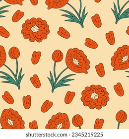 Red flowers and petals seamless pattern. Hand drawn outline style poppy and peony blossoms. Floral seamless background. Botanical repeat vector illustration