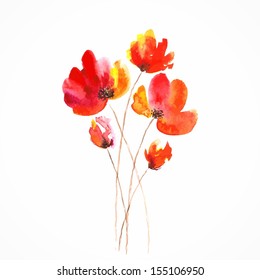 Red flowers. Poppies. Watercolor floral illustration. Floral bouquet. Vector floral background.  Birthday card.