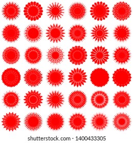 Red Flowers / Pseudo-Snowflakes on white background. Sharp set of 36 items. 18 (eighteen) angles. - Vector