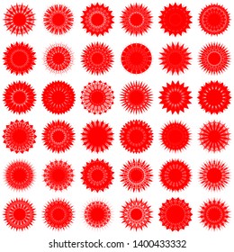 Red Flowers / Pseudo-Snowflakes on white background. Sharp set of 36 items. 18 (eighteen) angles. - Vector