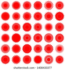 Red Flowers / Pseudo-Snowflakes on white background. Sharp set of 36 items. 18 (eighteen) angles. - Vector