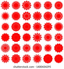 Red Flowers / Pseudo-Snowflakes on white background. Sharp set of 36 items. 12 (twelve) angles. - Vector