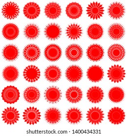 Red Flowers / Pseudo-Snowflakes on white background. Sharp set of 36 items. 18 (eighteen) angles. - Vector