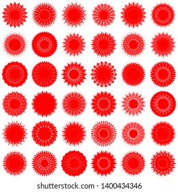 Red Flowers / Pseudo-Snowflakes on white background. Sharp set of 36 items. 18 (eighteen) angles. - Vector