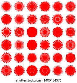 Red Flowers / Pseudo-Snowflakes on white background. Sharp set of 36 items. 18 (eighteen) angles. - Vector