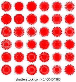 Red Flowers / Pseudo-Snowflakes on white background. Sharp set of 36 items. 18 (eighteen) angles. - Vector