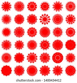 Red Flowers / Pseudo-Snowflakes on white background. Sharp set of 36 items. 12 (twelve) angles. - Vector