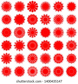 Red Flowers / Pseudo-Snowflakes on white background. Sharp set of 36 items. 12 (twelve) angles. - Vector