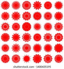 Red Flowers / Pseudo-Snowflakes on white background. Sharp set of 36 items. 12 (twelve) angles. - Vector